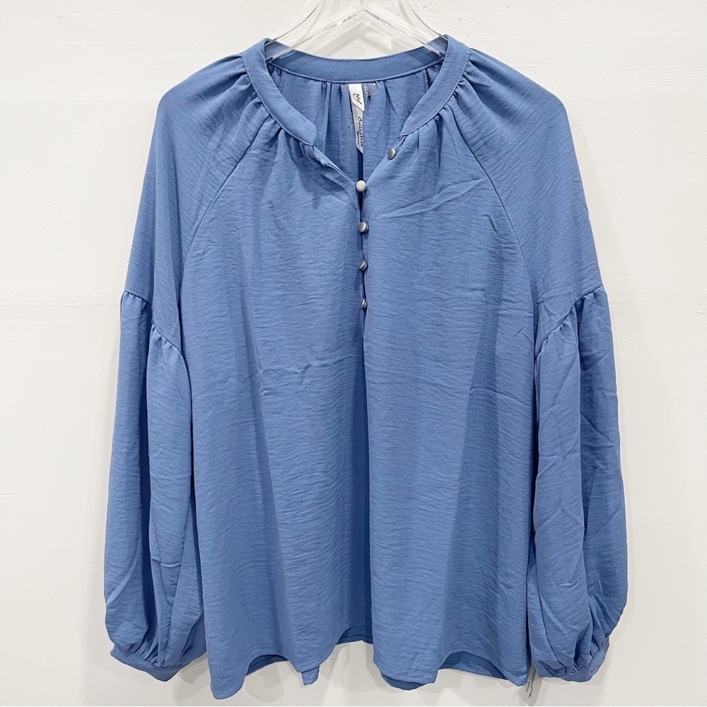 NY Collection Blue Balloon Sleeve Blouse Button Front Size 2X